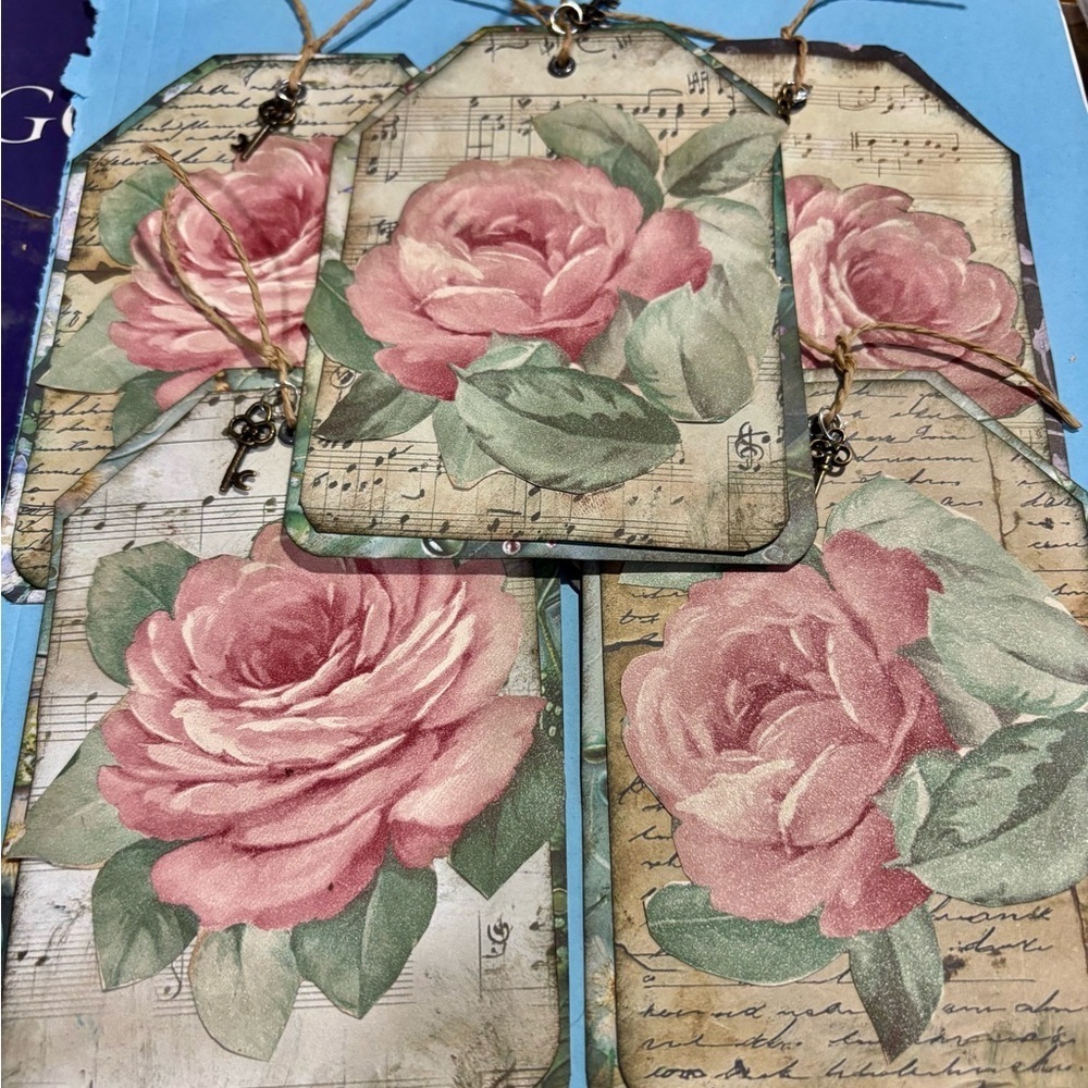 Vintage Rose Art Tags Collage mixed media pink rose Tags set (5) Handmade